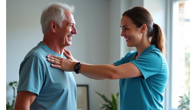 A friendly physical therapist assisting a patient with an exercise in a modern, clean clinic.